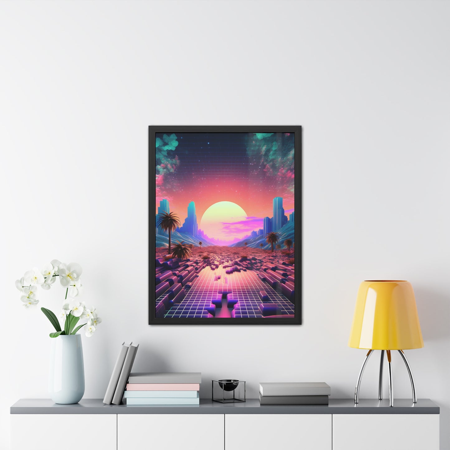 Neon Pixelated Retro Gaming World - Framed Poster