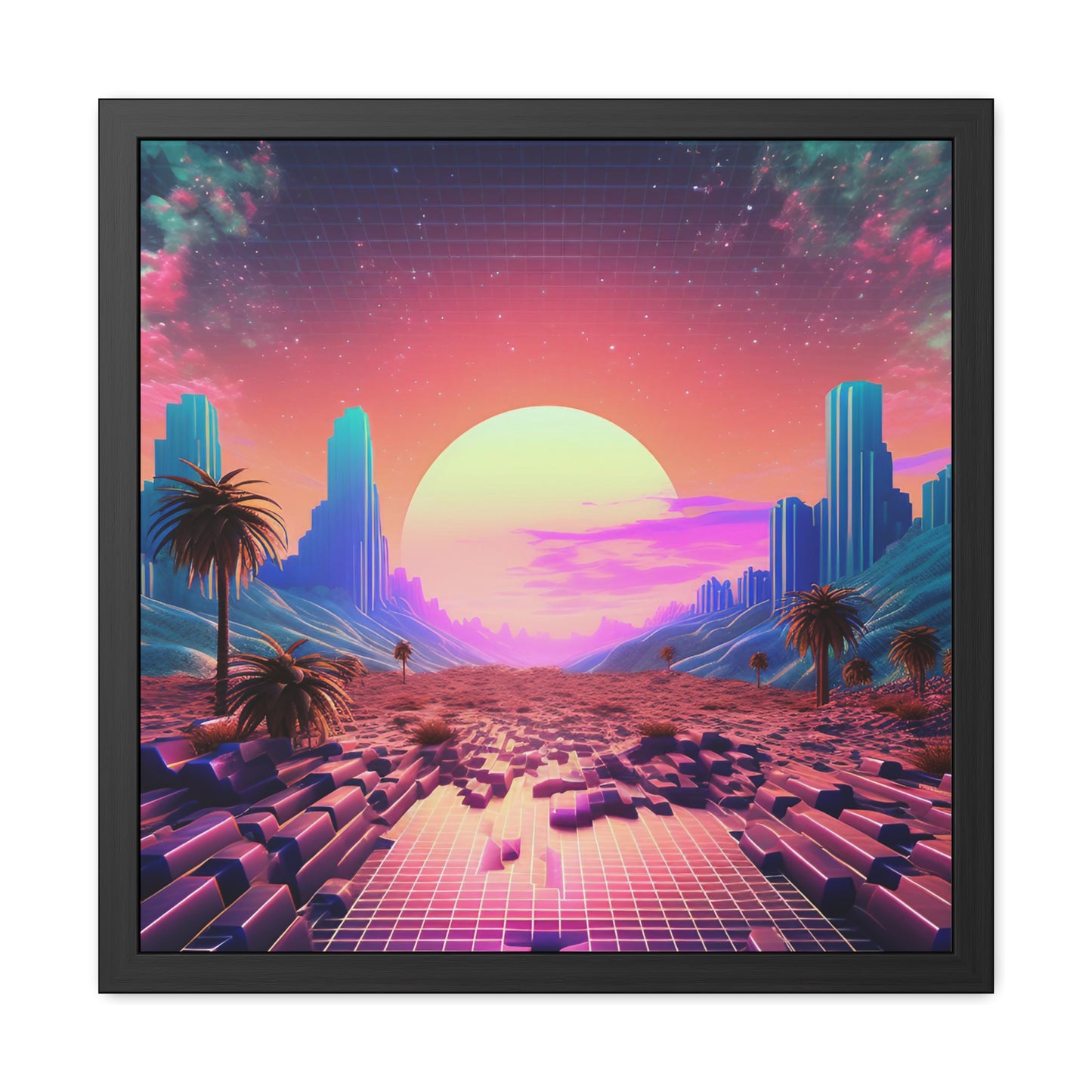 Neon Pixelated Retro Gaming World - Framed Poster