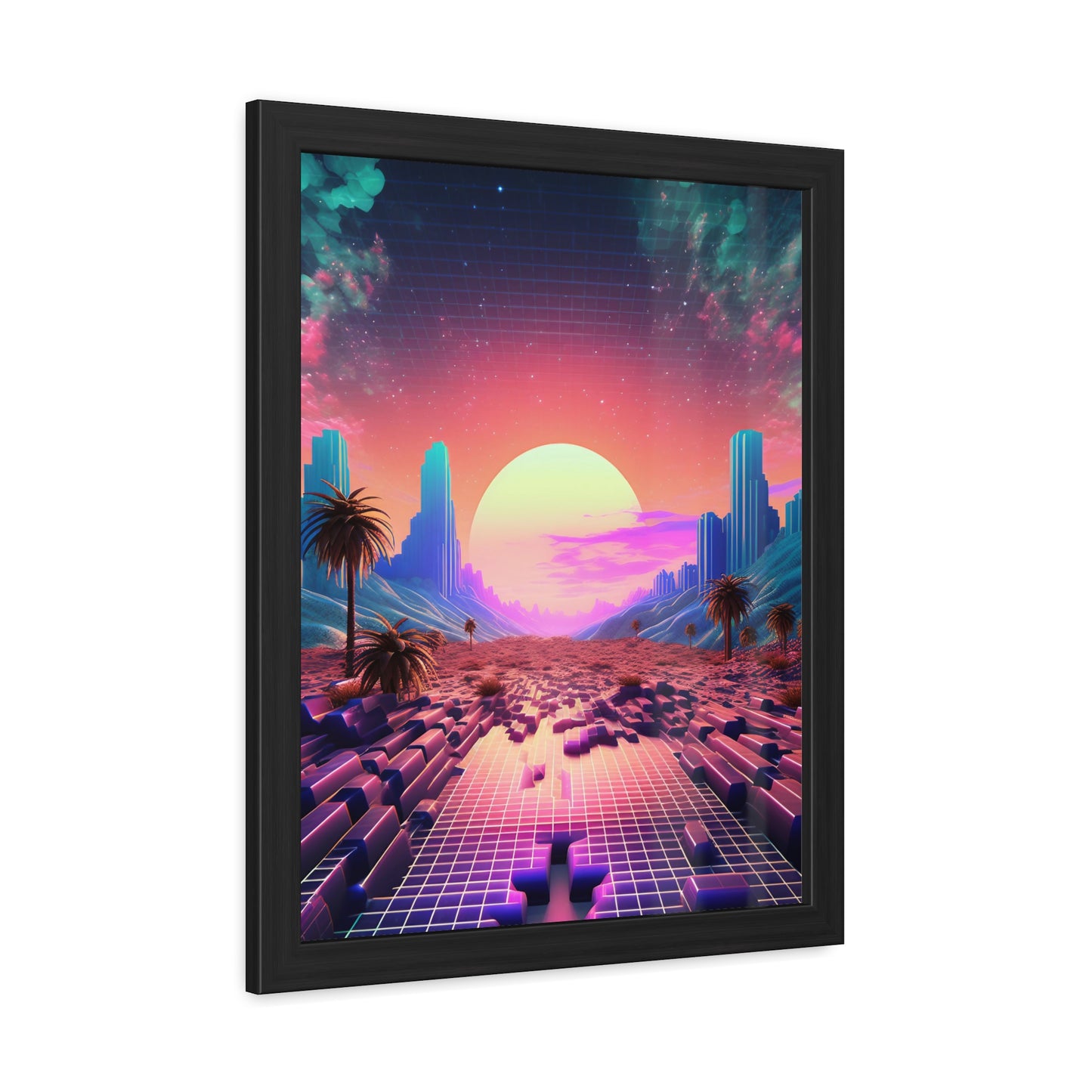 Neon Pixelated Retro Gaming World - Framed Poster