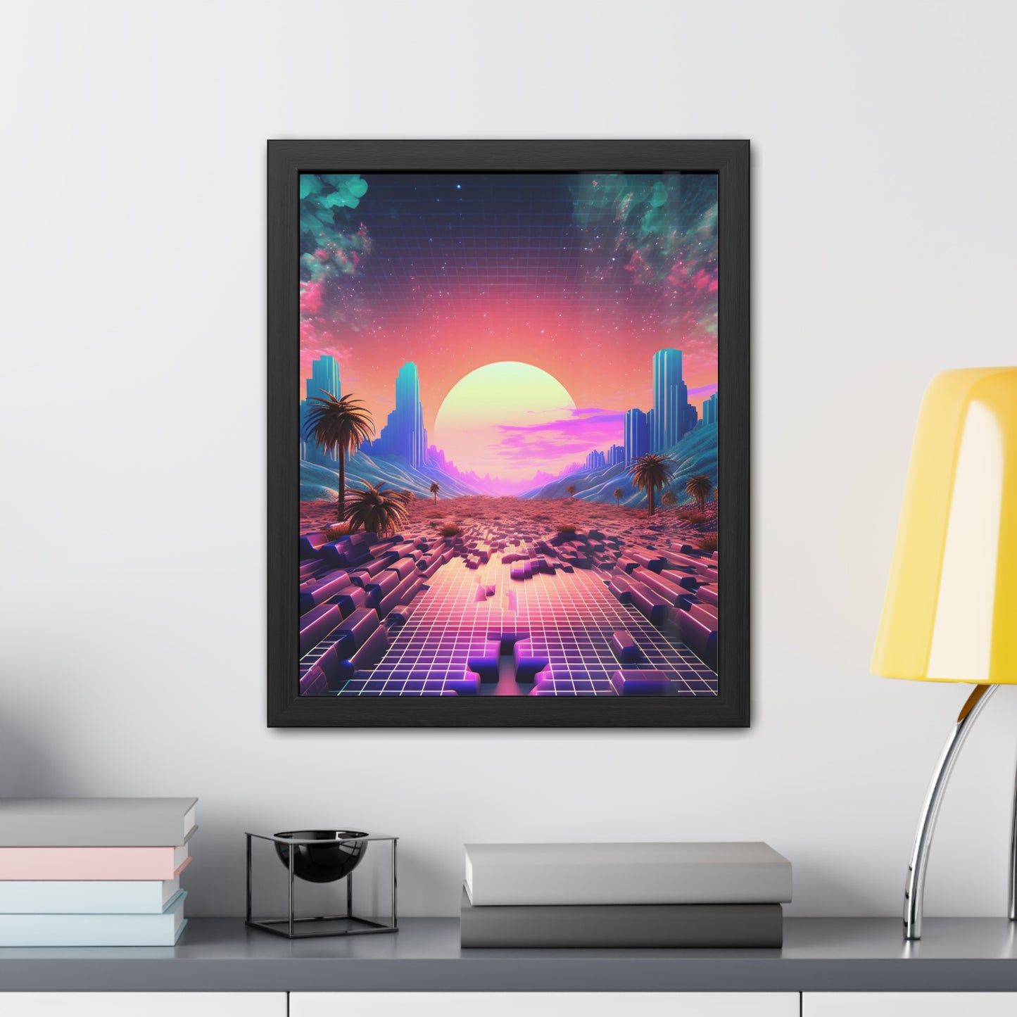 Neon Pixelated Retro Gaming World - Framed Poster