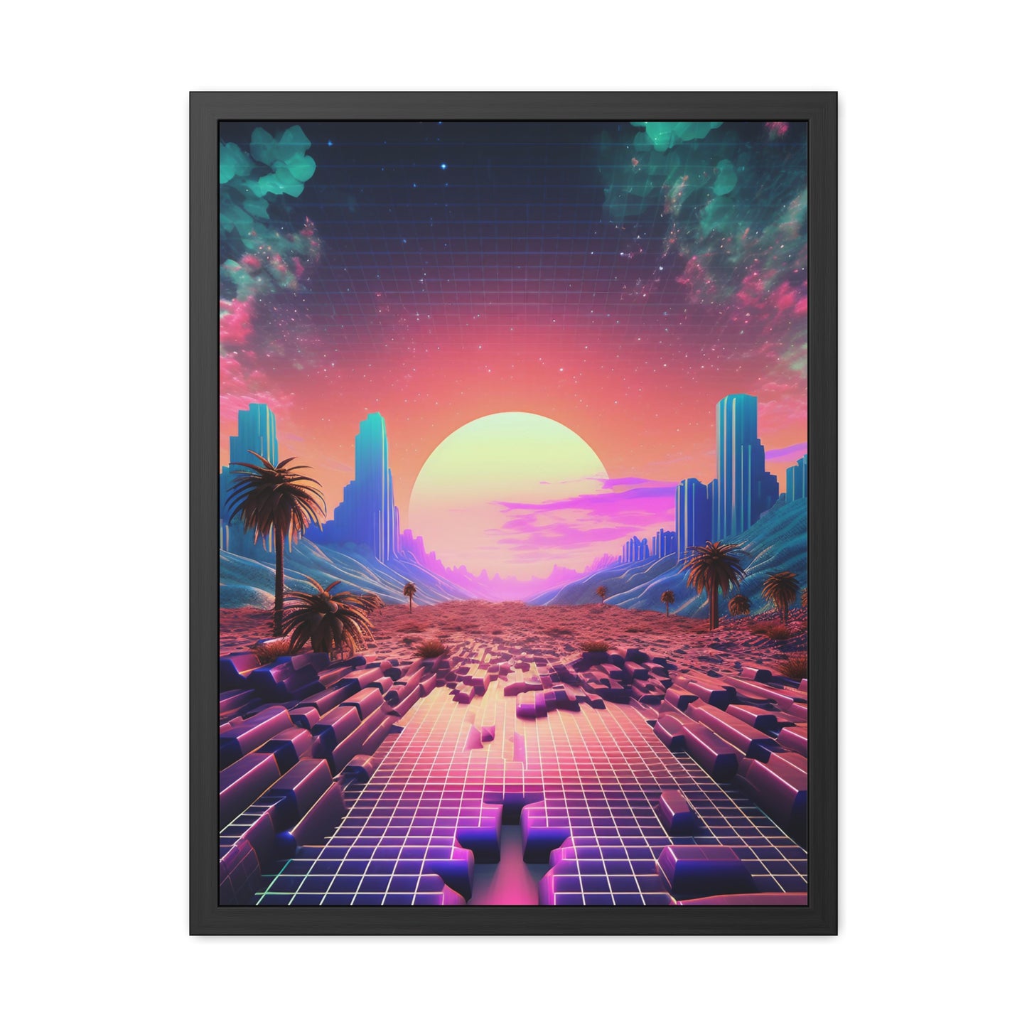 Neon Pixelated Retro Gaming World - Framed Poster