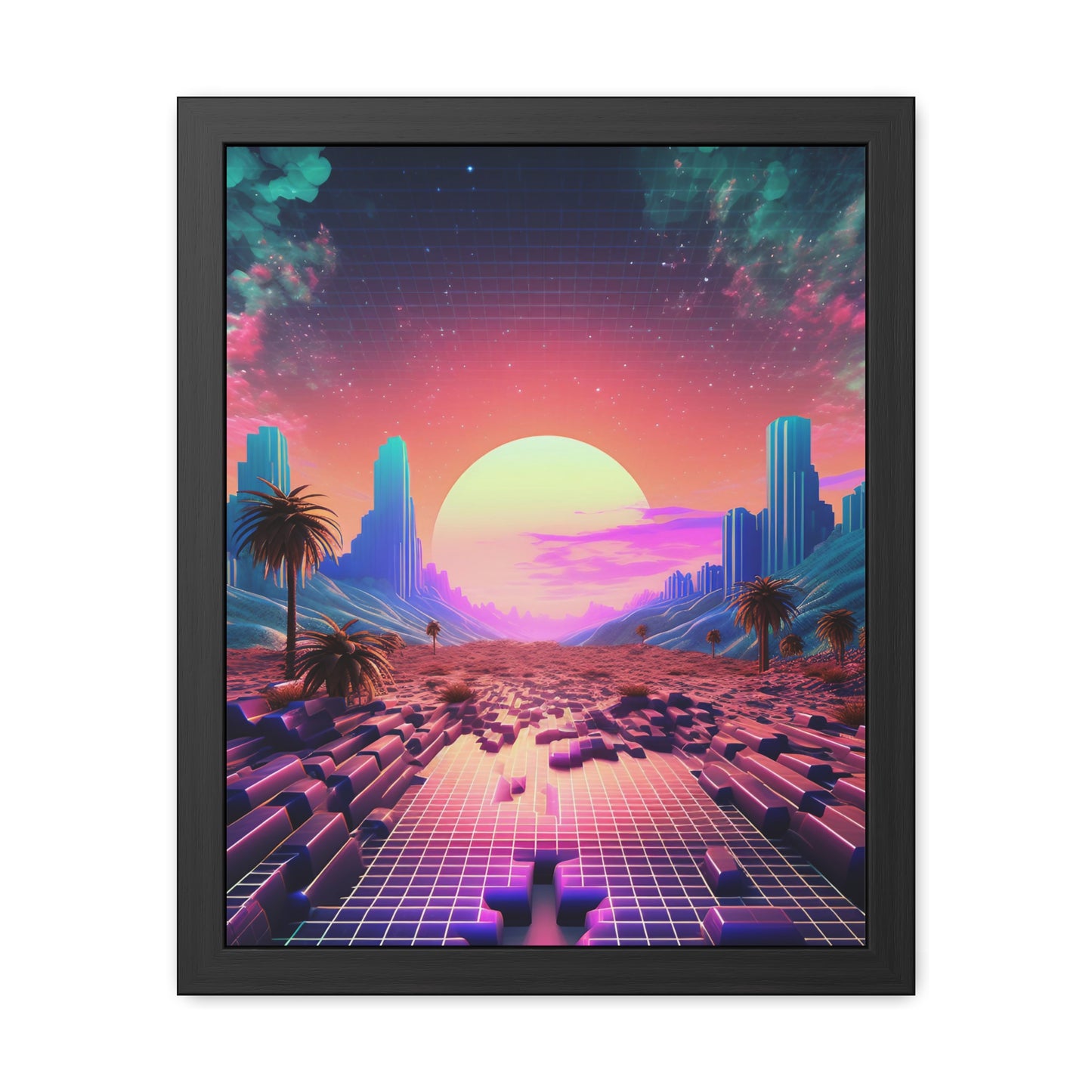 Neon Pixelated Retro Gaming World - Framed Poster