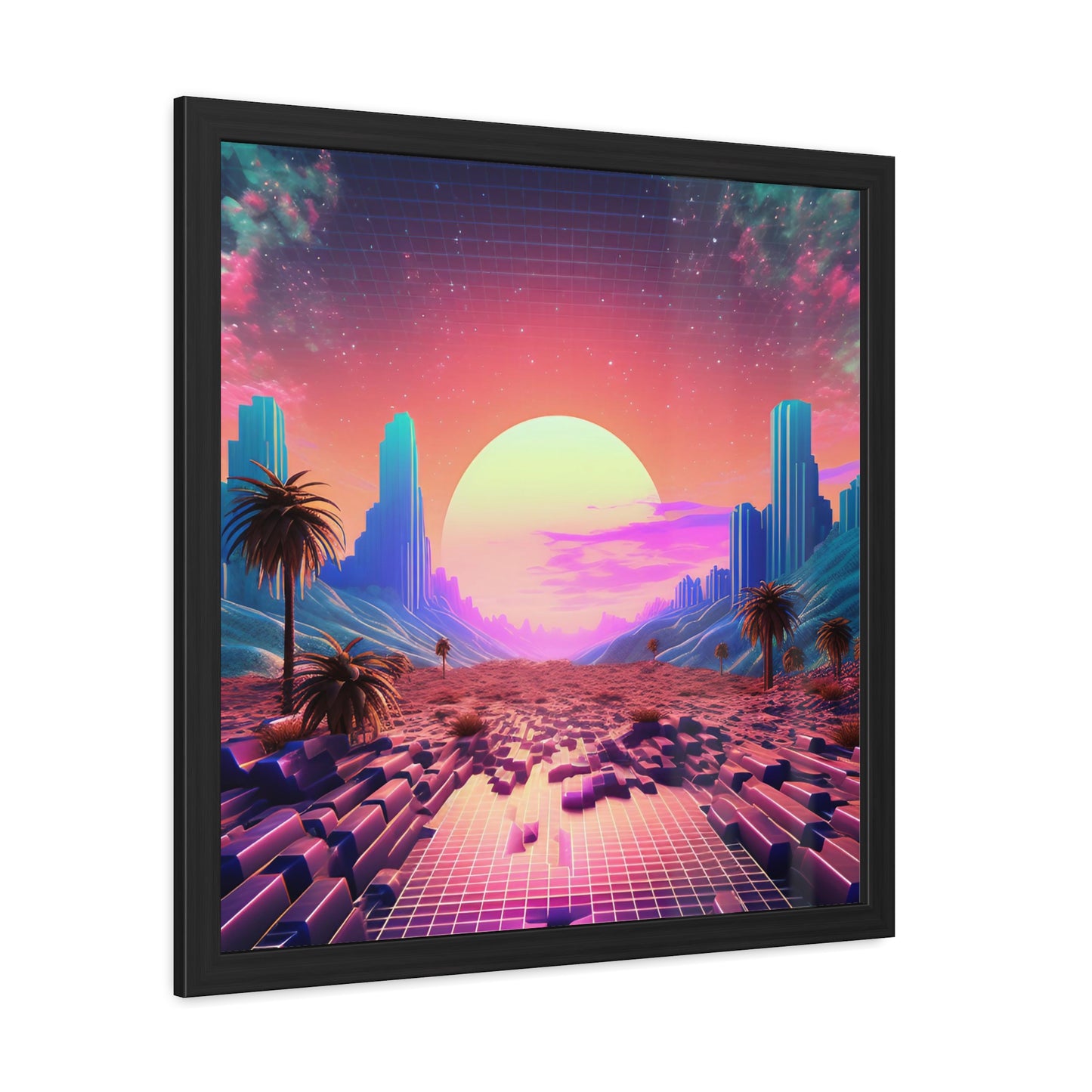 Neon Pixelated Retro Gaming World - Framed Poster
