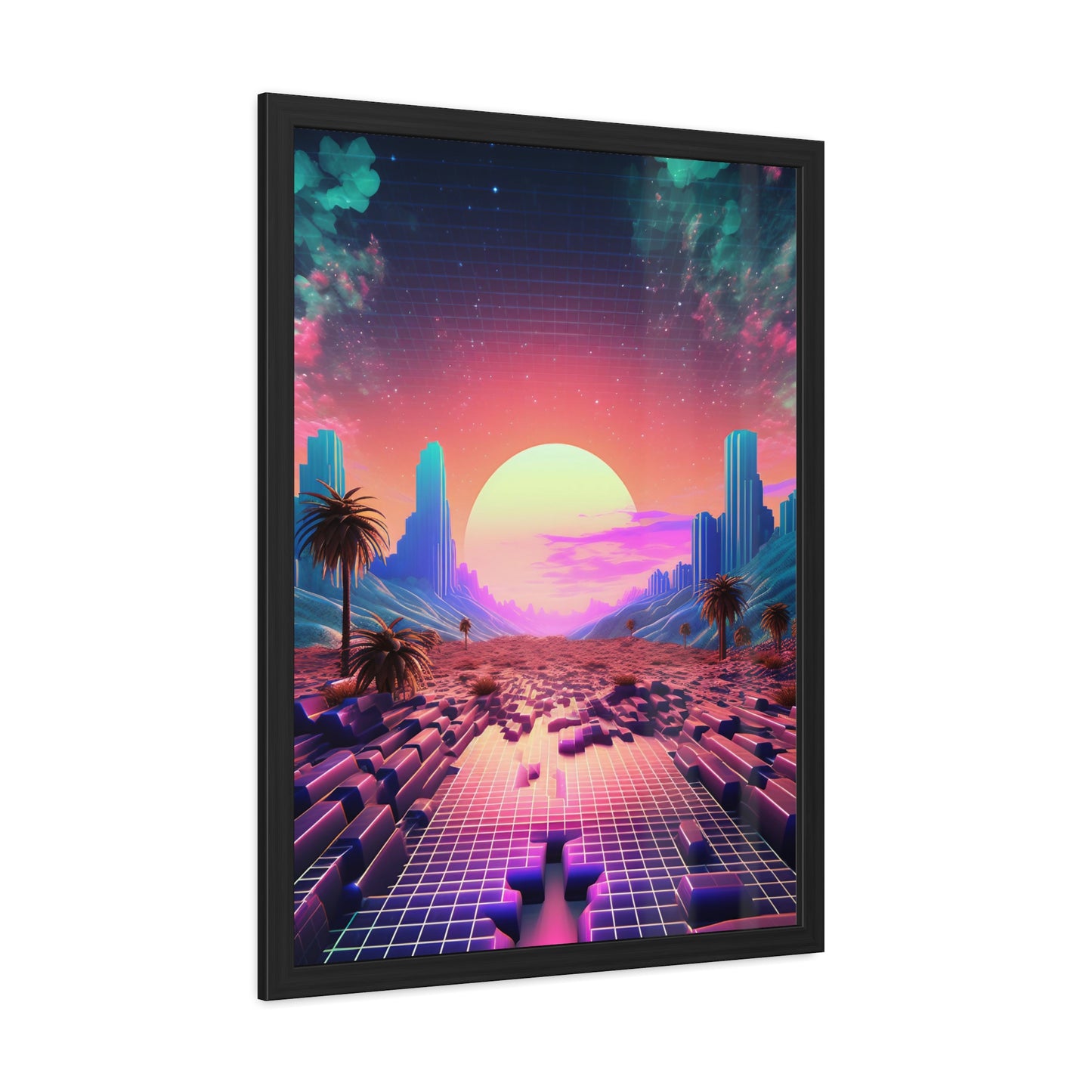 Neon Pixelated Retro Gaming World - Framed Poster